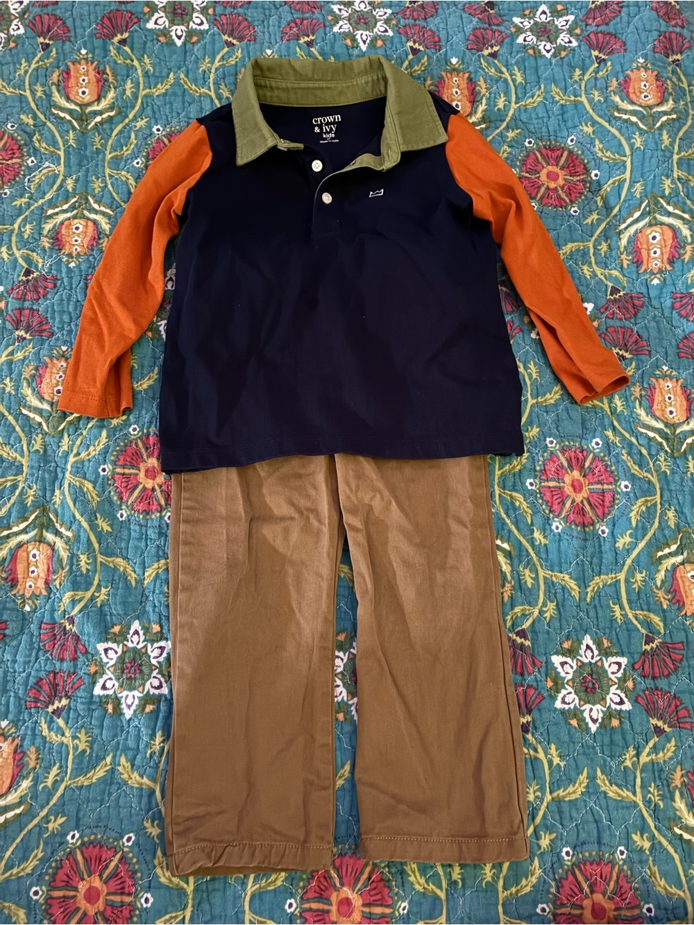 crown & ivy Navy Polo Top with Olive Collar and Orange Sleeves